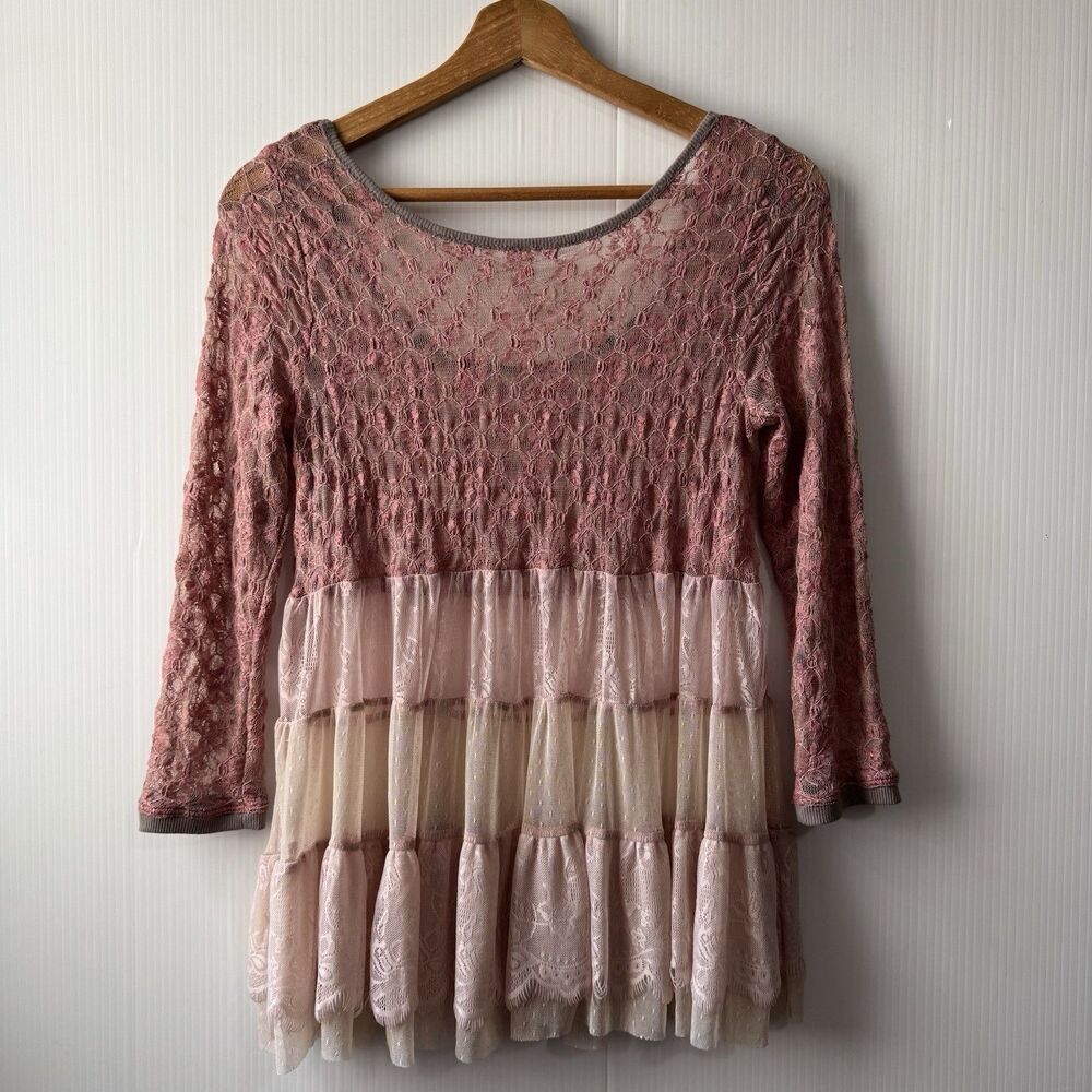 Free People Women XS Pink Lace Tiered Babydoll Tunic Top Boho Fairy Y2K Romantic - Picture 2 of 16